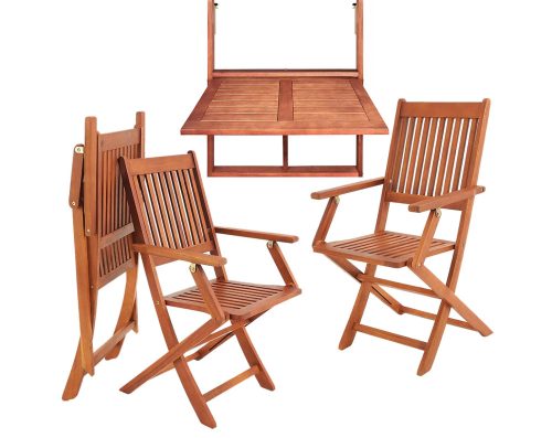 3-piece balcony furniture made of acacia wood, garden seating set, folding chairs with armrests and hanging table