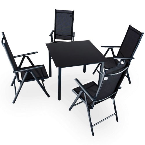 Seating set with 4 chairs with adjustable backs and a table in black