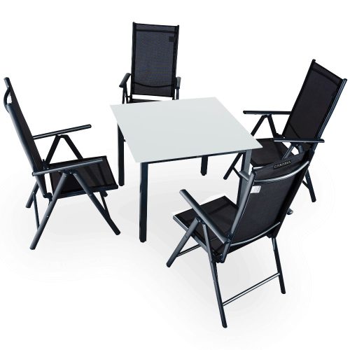 5-piece sofa set with aluminum frame, black milk glass table top