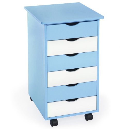 Drawer cabinet blue - white small cabinet. Children's furniture toy holder or filing cabinet rolling container with 6 drawers