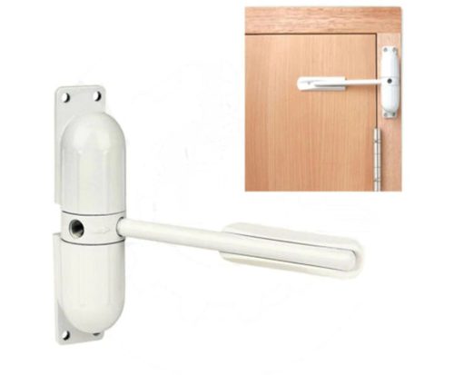 Door closer, door closer, spring-loaded door closing mechanism, white 