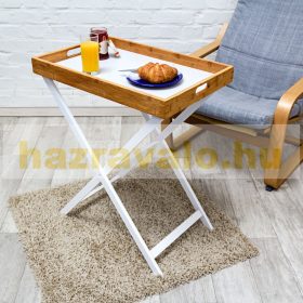 Fehér összecsukható asztal bambusz tálcával 72x60x40 cm
