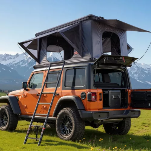 Autós tetőtéri sátor 2-3 fő részére alumínium kemping sátor háromszínű LED világítással, 2 ablakkal Jeep SUV pickuphoz
