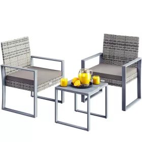   Polyrattan kerti bútor szett 3 részes szürke lounge szett WPC asztallal