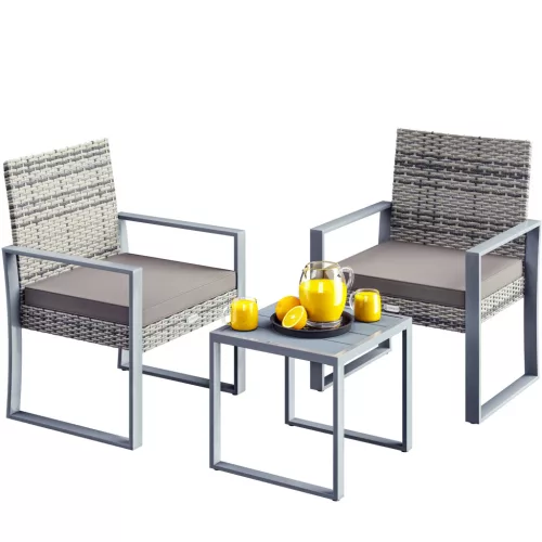 Polyrattan kerti bútor szett 3 részes szürke lounge szett WPC asztallal