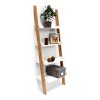 Bamboo ladder shelf with 4 levels of white shelves 