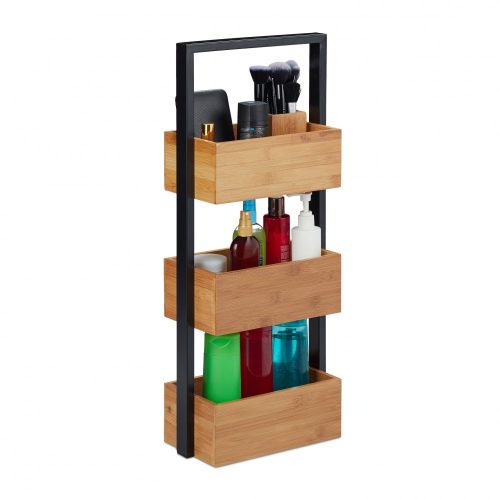 Bamboo bathroom shelf with 3 compartments in natural black 