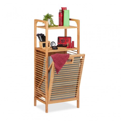 Bamboo bathroom shelf with laundry basket and 2 shelves