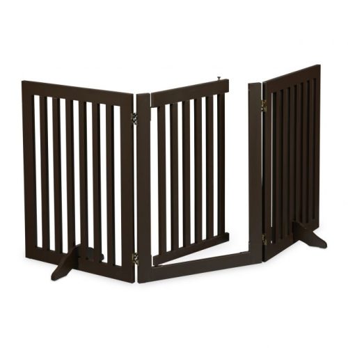 Security grid with partition door 3-panel protective fence for protecting dogs or children, brown
