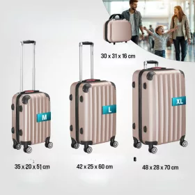   4 részes ABS keményfalú bőrönd szett kozmetikai táskával, 360°-os kerekekkel, rosegold színben