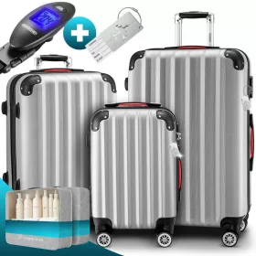   3 részes ABS keményfalú bőrönd szett 360°-os kerekekkel, ezüst színben, kiegészítőkkel