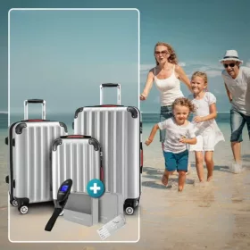   3 részes ABS keményfalú bőrönd szett 360°-os kerekekkel, ezüst színben, kiegészítőkkel