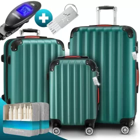   3 részes ABS keményfalú bőrönd szett 360°-os kerekekkel, zöld színben, praktikus kiegészítőkkel