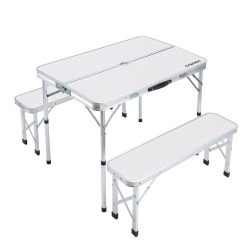 Suitcase table with 2 benches folding, adjustable height picnic table set white 90x60x55/62/70 cm