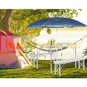   Bőrönd asztal 2 paddal összecsukható, állítható magasságú piknik asztal szett fehér 90x60x55/62/70 cm