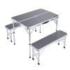 Suitcase table with 2 benches foldable, adjustable height picnic table set gray 90x60x55/62/70 cm