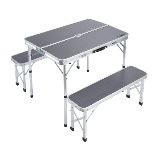 Suitcase table with 2 benches foldable, adjustable height picnic table set gray 90x60x55/62/70 cm