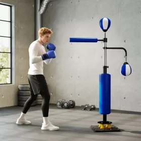   Állítható boxállvány 140–205 cm két Speedball labdával, forgó reflexrúddal és rúgópárnával kék 