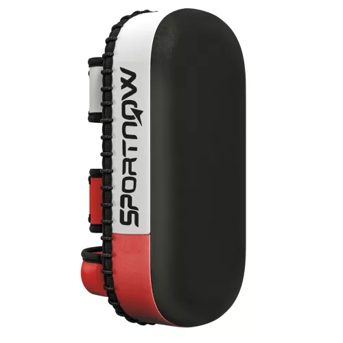 Rúgópajzs Muay Thai és kick-box edzőpárna, 8 cm vastag ütéscsillapító réteggel 38x20x18 cm, fekete/piros/fehér