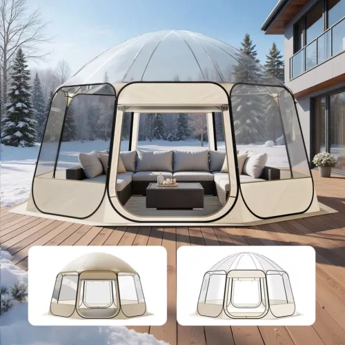 Átlátszó pop-up buboréksátor 458 × 432 × 230 cm 12–15 személyes panoráma kempingsátor 540°-os kilátással