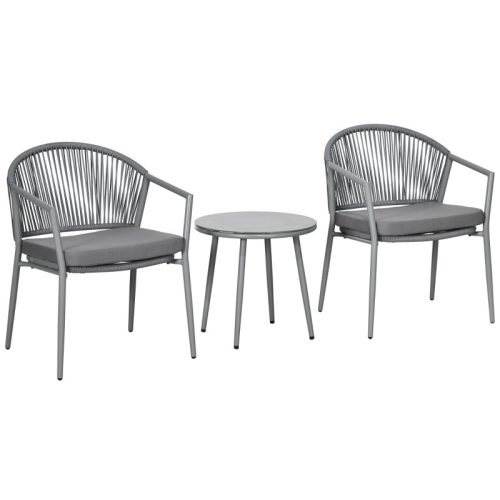 3-piece garden furniture set 2 chairs and 1 table with glass top, weatherproof metal frame with rattan effect, gray