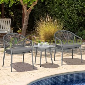   3 részes kerti bútor szett 2 szék és 1 asztal üveglappal, rattan hatású időjárásálló fém vázzal szürke
