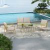 5-piece garden furniture set with marble table tops, metal frame, light brown-cream white seating set