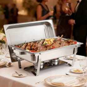   Rozsdamentes chafing büfé ételmelegítő készlet 2 × 8,5 L fedővel, tüzelőanyag-tartóval és ételfogóval