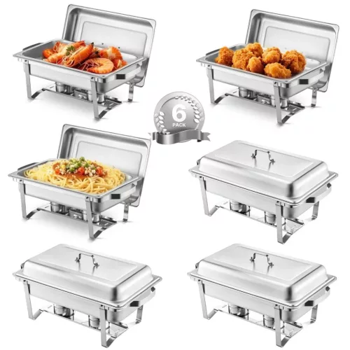 Rozsdamentes chafing büfé ételmelegítő készlet 6 × 7,5 L fedővel és tüzelőanyag-tartóval