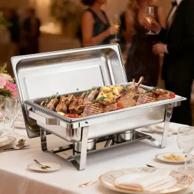   Rozsdamentes chafing büfé ételmelegítő készlet 4 × 8,5 L fedővel, tüzelőanyag-tartóval és fogókkal
