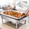 Rozsdamentes chafing büfé ételmelegítő készlet 4 × 8,5 L fedővel, tüzelőanyag-tartóval és fogókkal
