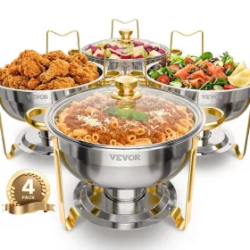   Aranyszínű kerek büfé ételmelegítő készlet 4 × 4,7 L üvegfedővel és összecsukható állvánnyal
