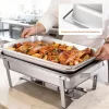 Rozsdamentes chafing büfé ételmelegítő készlet 6 × 8,5 L fedővel, égőpaszta-tartóval és fogókkal