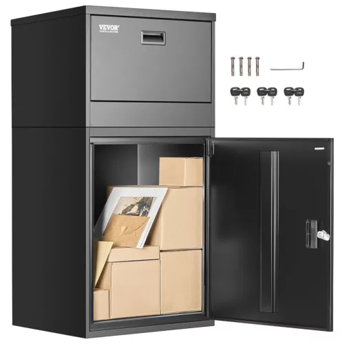 Csomagátvevő postaláda zárral 500x398x980 mm lopásgátló kialakítással, fekete csomagpostaláda 