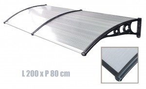ITALFORM előtető 200x80 cm bővíthető, fekete keret színtelen üregkamrás polikarbonát.  A két tartóka