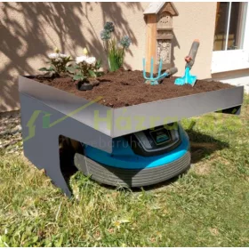   Automata robot fűnyíró előtető ültetőládával fém védőtető virágágyással 37x60x70 cm inox fűnyíró garázs