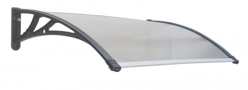 Canopy 100x100cm black frame transparent hollow chamber polycarbonate. Between the two C-type support arms, the roof consists of one piece.