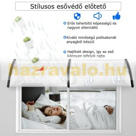   Előtető 100x80 cm fekete keret színtelen üregkamrás polikarbonát tetőlap kis kinyúlás keskeny előtető C típusú karral