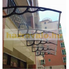   A szokásosnál nagyobb kinyúlású előtető 200x150 fekete keret áttetsző üregkamrás polikarbonát féltető H típusú kar például bejárati ajtó vagy ablakok fölé