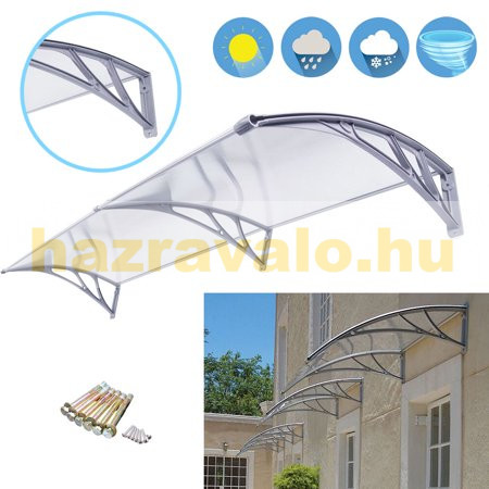 Előtető 300x100 cm szürke keret és színtelen, áttetsző üregkamrás polikarbonát B típusú kar. A két tartókar között egy darabból áll a tetőlap.
