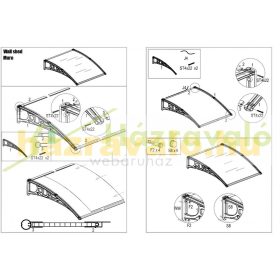   Előtető 360x100 cm bővíthető, fekete C típusú keret színtelen üregkamrás polikarbonát.  A két tartókar között egy darabból áll a tetőlap.