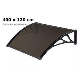 A szokássnál nagyobb mélységű előtető 400x120 cm fekete keret bronz üregkamrás polikarbonát tetőlap 