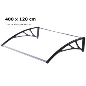   A szokásosnál nagyobb mélységű előtető 400x120 cm fekete keret színtelen üregkamrás polikarbonát tetőlap C típusú kar