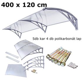   A szokásosnál nagyobb mélységű előtető 400x120 cm szürke keret színtelen üregkamrás polikarbonát tetőlap C típusú kar