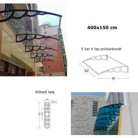   A szokásosnál nagyobb mélységű előtető 400x150 cm fekete keret színtelen üregkamrás polikarbonát tetőlap H típusú kar