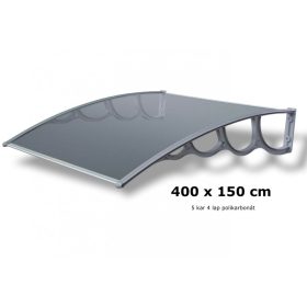   A szokásosnál nagyobb mélységű előtető 400x150 cm szürke keret színtelen üregkamrás polikarbonát tetőlap H típusú kar