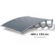 A szokásosnál nagyobb mélységű előtető 400x150 cm szürke keret színtelen üregkamrás polikarbonát tetőlap H típusú kar