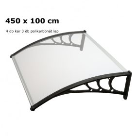   Extra hosszú előtető 450x100 cm fekete keret bronz polikarbonát féltető B típusú karral például bejárati ajtó vagy ablakok fölé. Két tartókat között 1 darabból áll a tetőlap.
