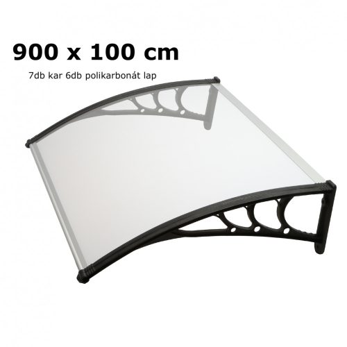 Canopy 900x100 cm black frame colorless cavity chamber polycarbonate roof sheet with type B lever, for example over front door or windows