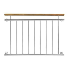   Franciaerkély korlát fa kapaszkodóval, mediterrán jellegű házra is, rozsdamentes acél, ezüst színben, inox korlát 100-225 cm-ig